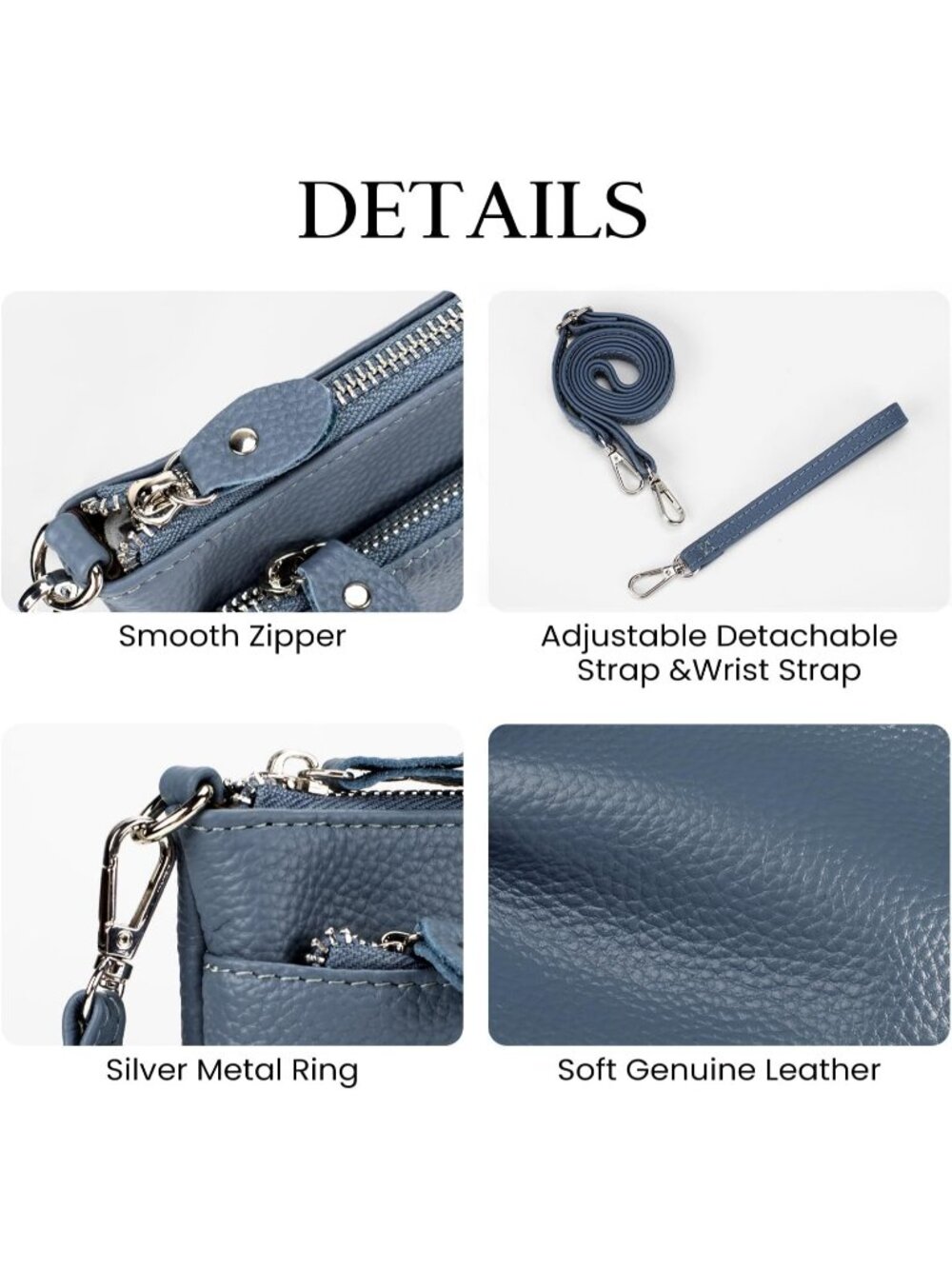 Women's Grey Blue Genuine Leather Wristlet Clutch Wallet Crossbody Handbag - Picture 5 of 6